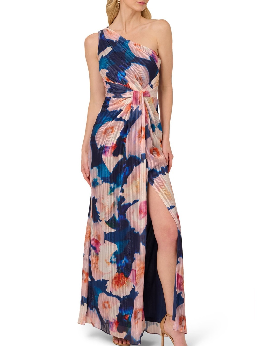 Adrianna Papell Pleated Floral One-Shoulder Chiffon Gown. Size 14 Women #557
